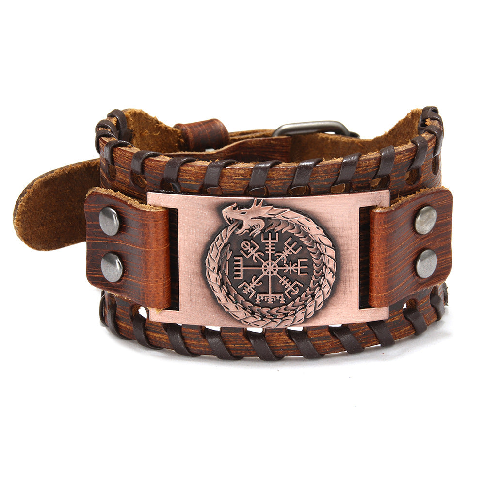 Leather Chinese Dragon Vintage Compass Pirate Bracelet