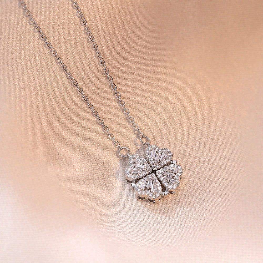 Women's Steel Cross Chain Open Close Four-leaf Flower Necklace