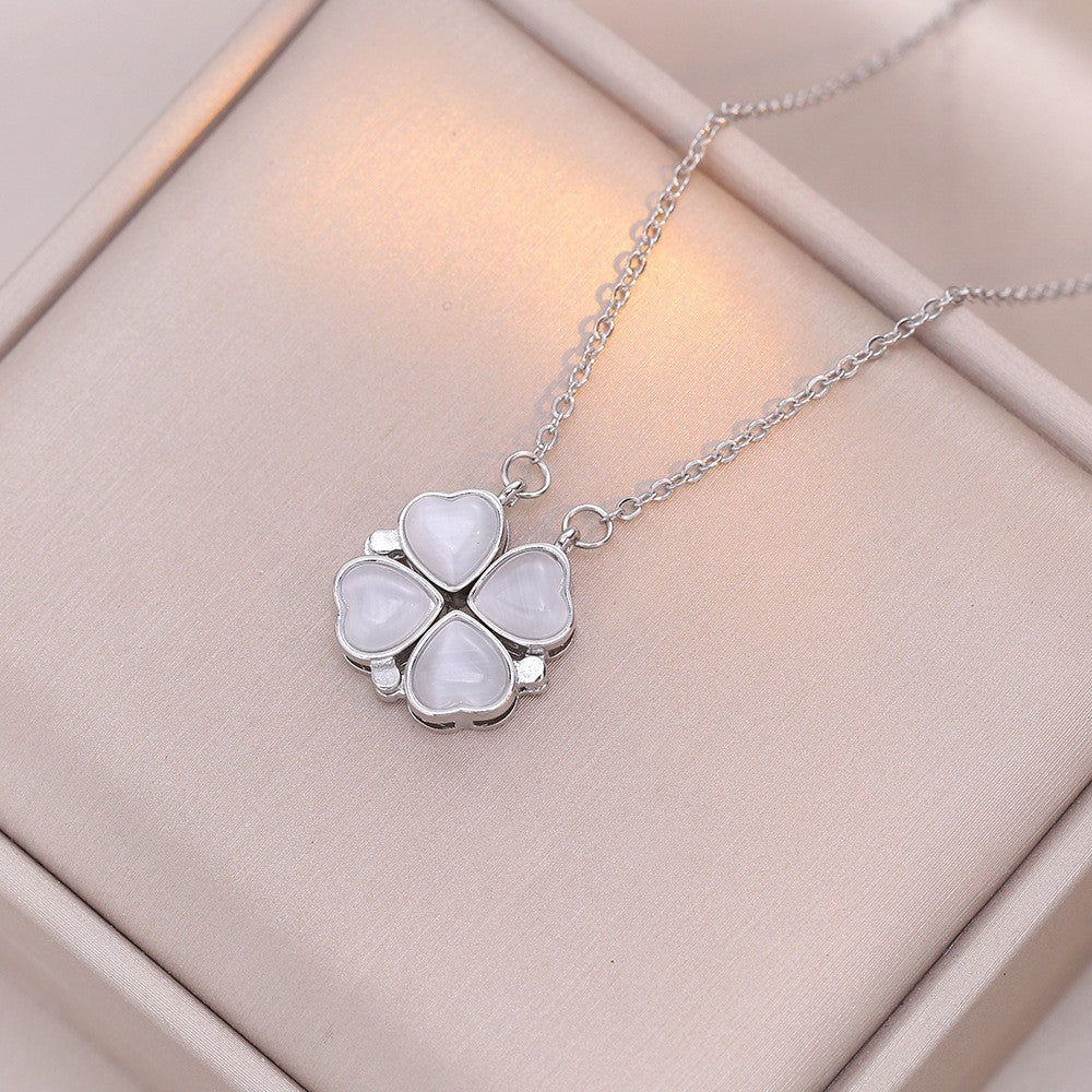 Women's Steel Cross Chain Open Close Four-leaf Flower Necklace