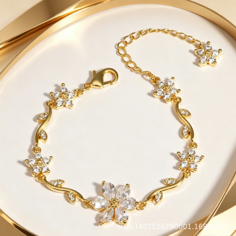 Light Luxury Diamond Five Petal Flower Branch Leaf Creative Petals Bracelets