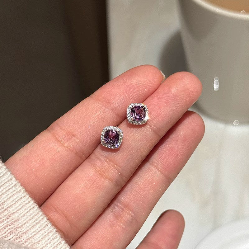 Women's Sterling Sier Needle Purple Cube Sugar High-grade Stud Earrings