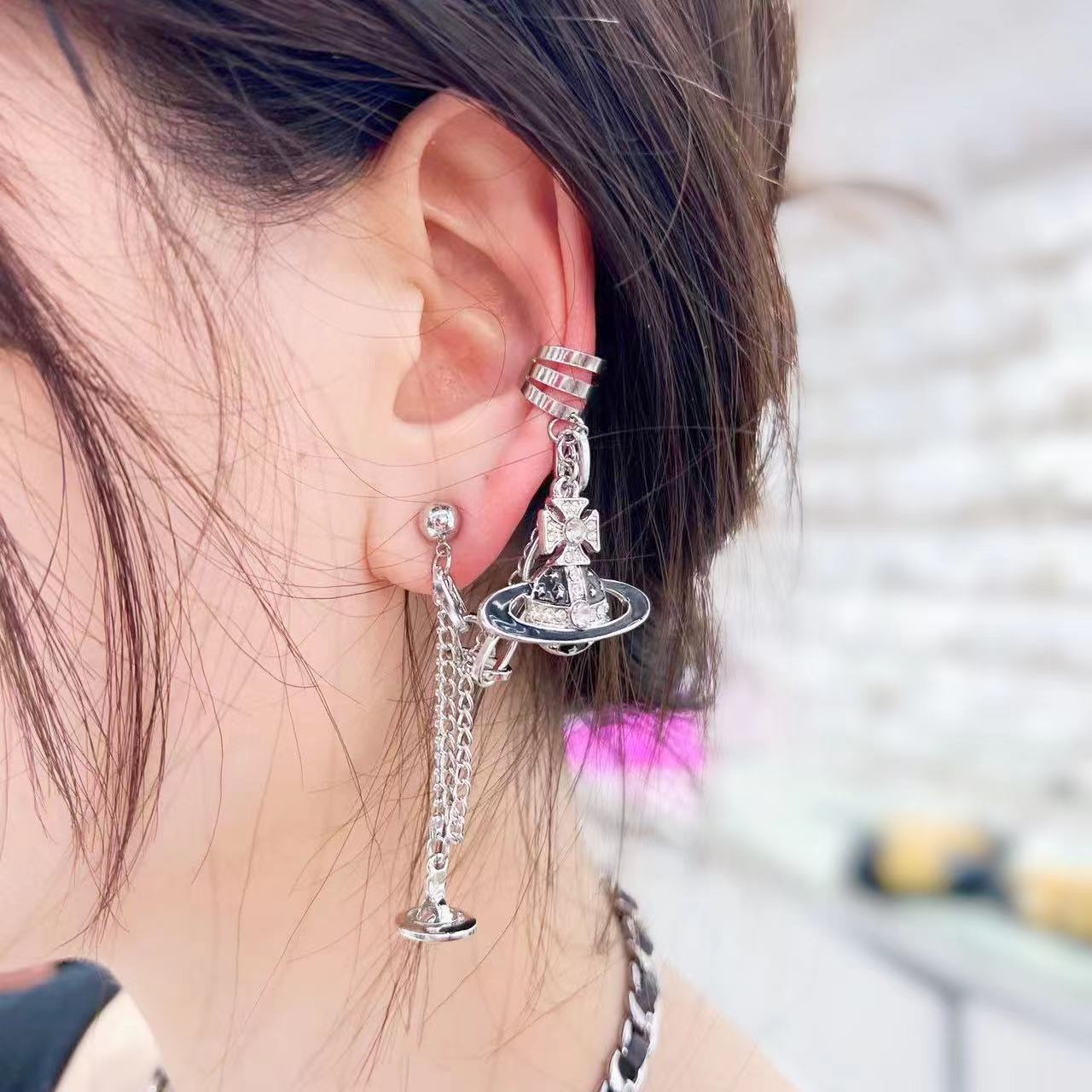 Oil Saturn Tassel Ear Clip Female Design High-grade Earrings