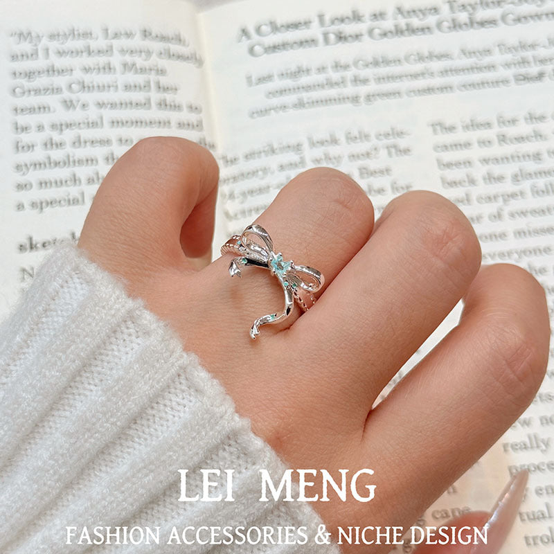 Women's Style Light Luxury Blue Zircon Bow Fashion Small Rings