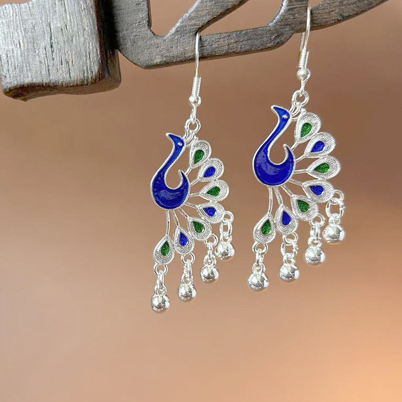 Sier Ethnic Style Peacock Retro Ear Hook Vintage Scenic Spot Earrings