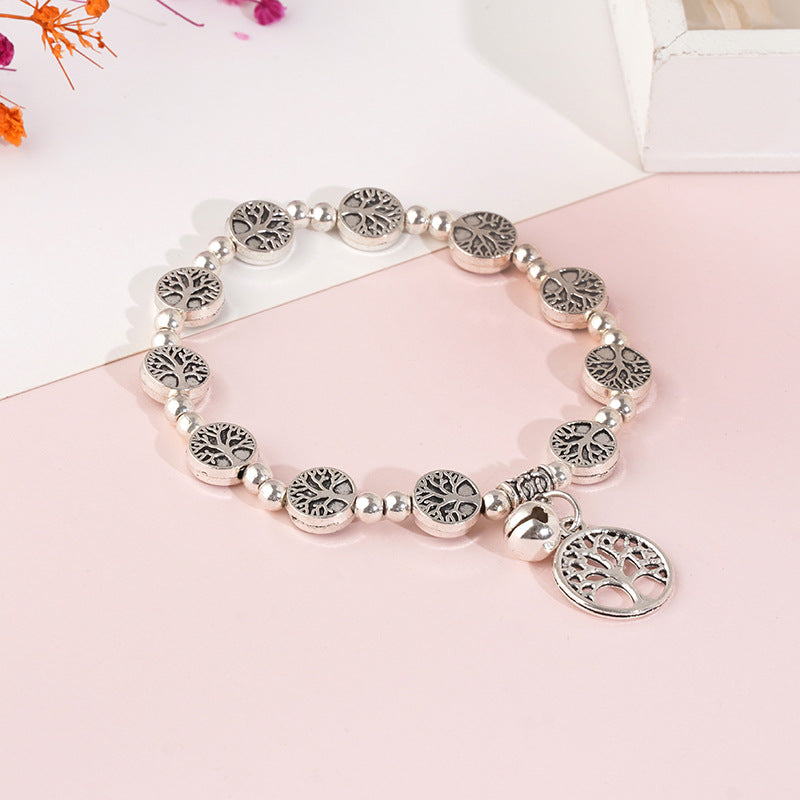 Women's Vintage Sier Beaded Lucky Tree Alloy Bell Mori Style Bracelet