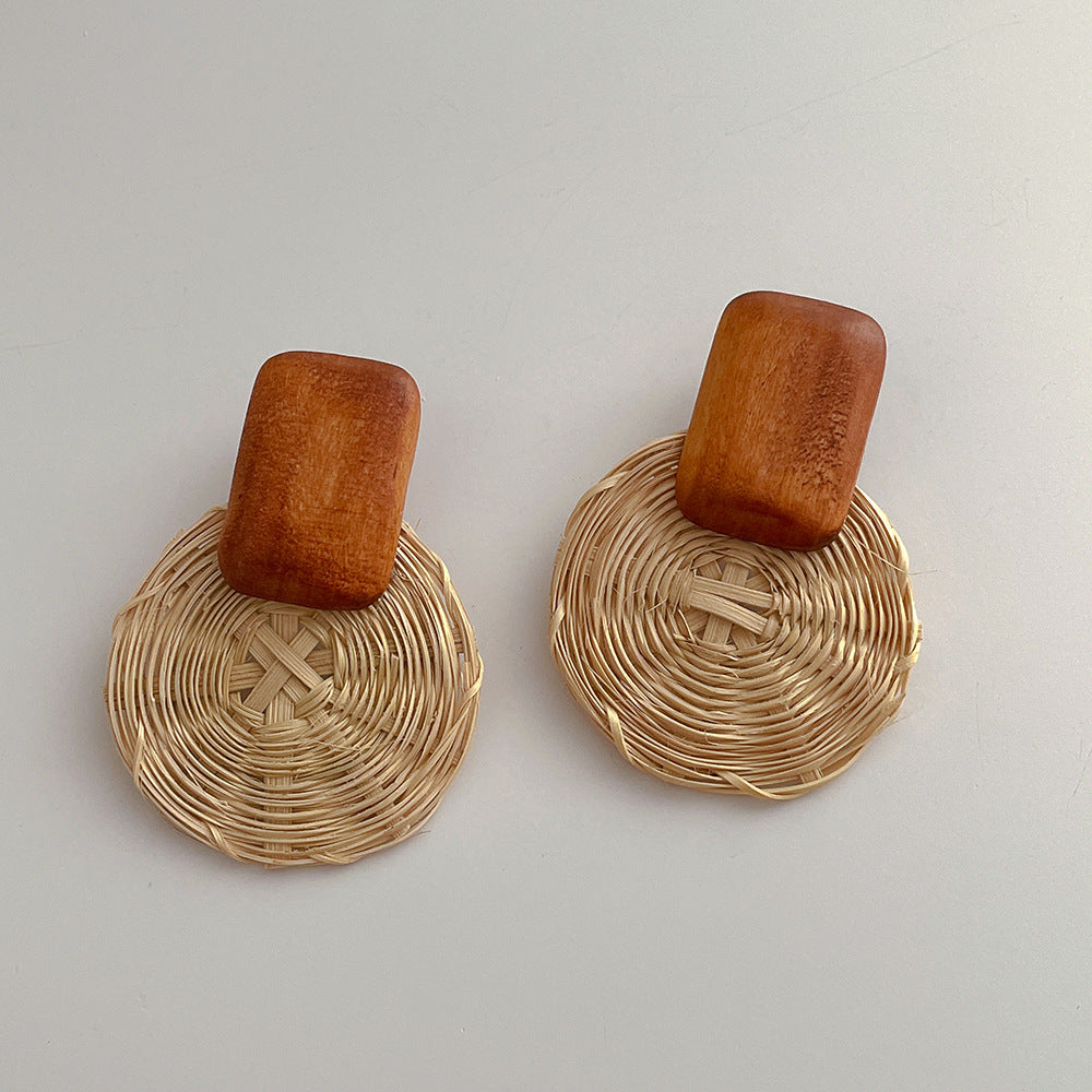 Woven Wooden Rattan Beach Vacation Style Vintage Earrings