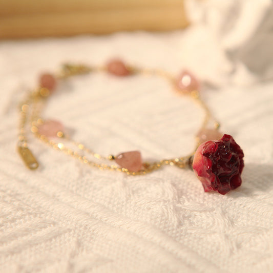 French Retro Preserved Fresh Flower Rose Pearl Design Double Layer Bracelet