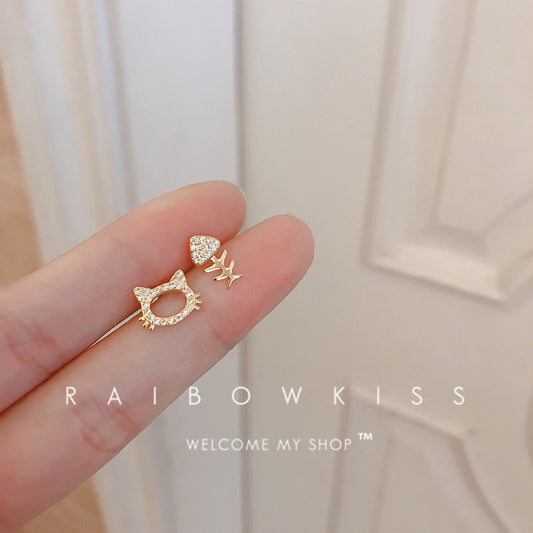 Kitty Fishbone Female Asymmetric Design Light Stud Earrings