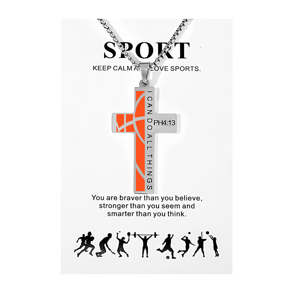 Football Stainless Steel Cross Inscription Sports Necklaces