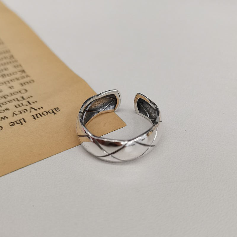 Sier Thick Thin Diamond Plaid Open Female Light Luxury Minority Ring