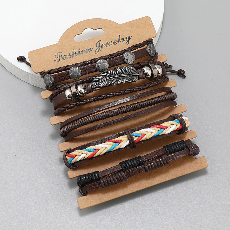 Simple Weave Vintage Leather Accessories Set Bracelets