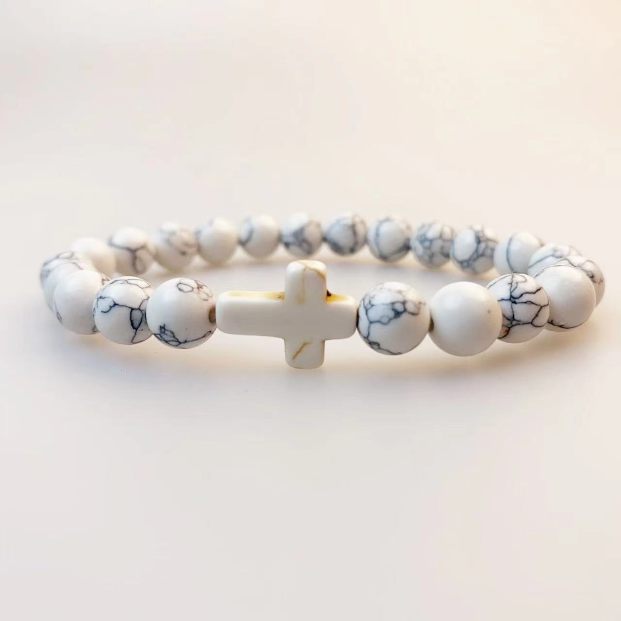 Natural Stone Cross Turquoise Beaded Elastic Couple Bracelet
