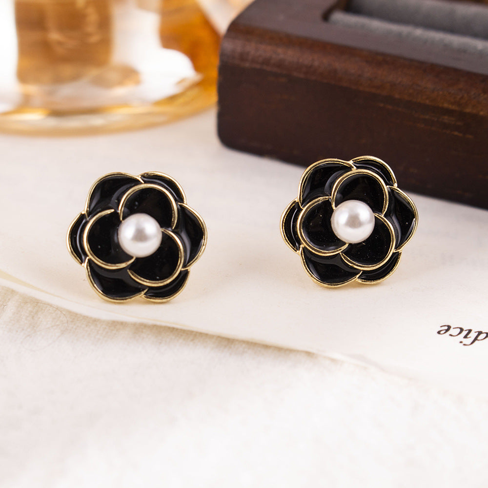 Women's Camellia Pearl Vintage Drop Oil Flower Elegant Graceful Stud Earrings