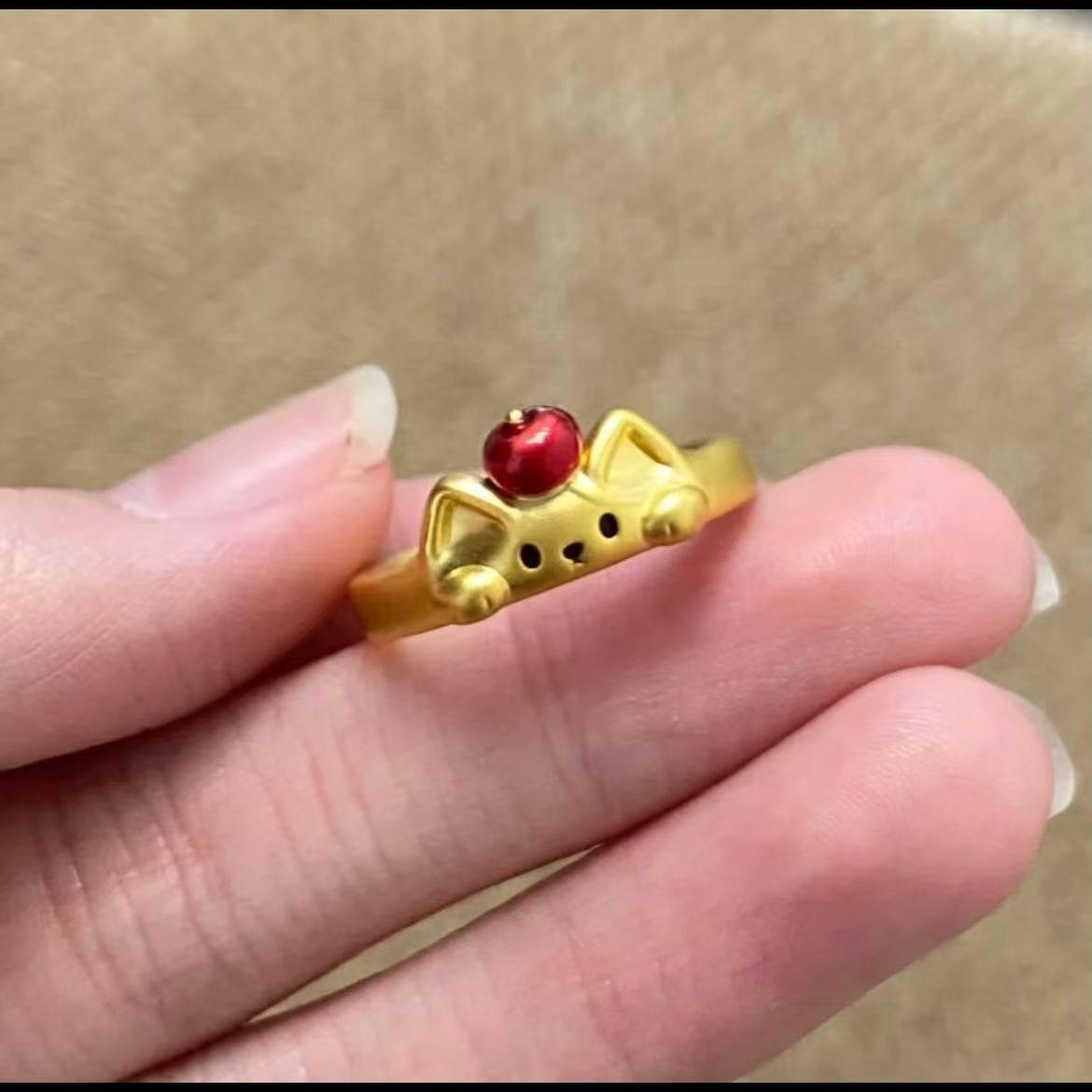 Golden Retro Red Apple Kitten Cute Simple Fashionable Stylish High Ring