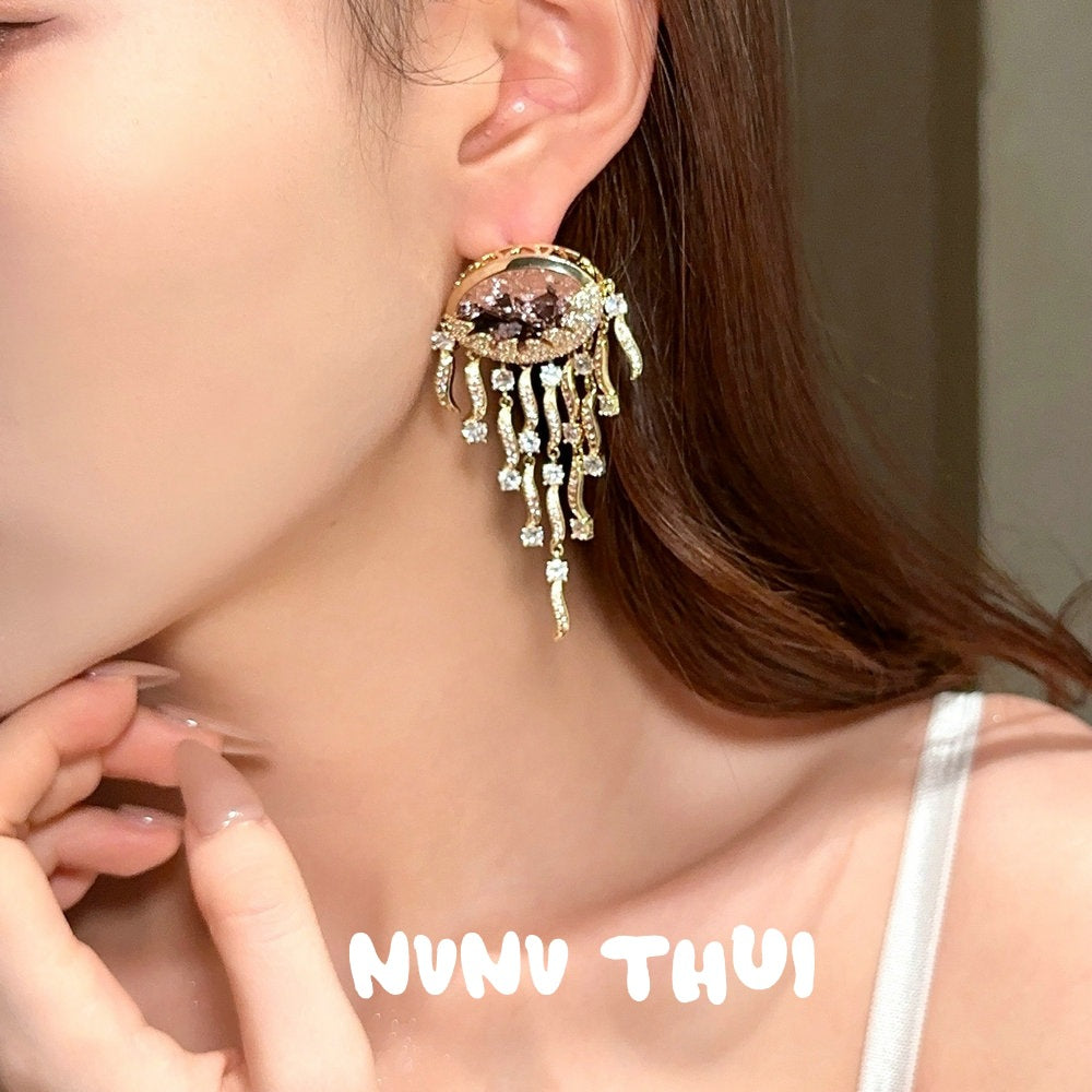 Pink Cloud Pattern Jellyfish Tassel Gem Rich Woman's Happy Egg-shaped Earrings