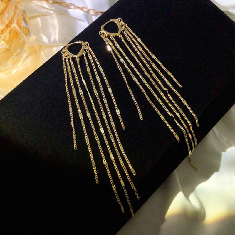 U-shaped Cluster Sequins Long Fringe Heavy Metal Earrings