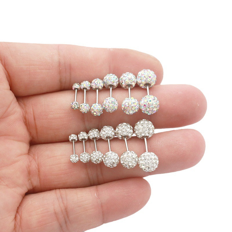 Steel Double-headed Thread Full Diamond Piercing Elegant Stud Earrings