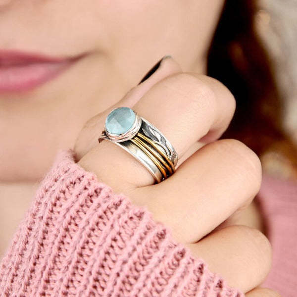 Retro Light Sapphire Two-tone Distressed Ladies Ring