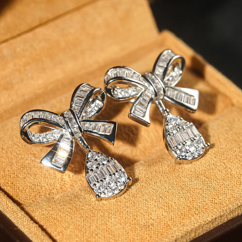 Lady Sweet Exquisite Bow Micro Inlaid Stud Earrings