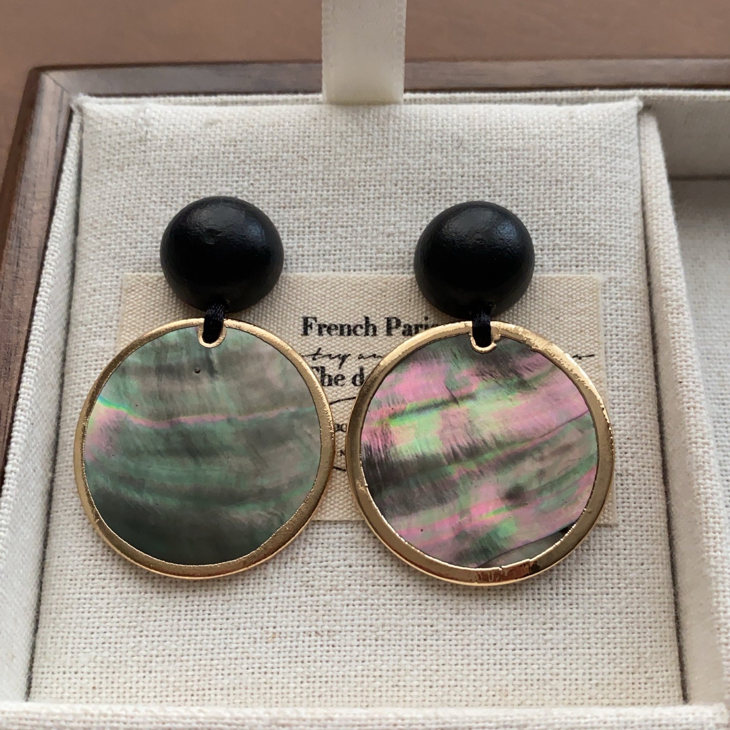 Solid Wood Fritillary Shell Geometric Eardrops Mild Luxury Retro Fashion Rings