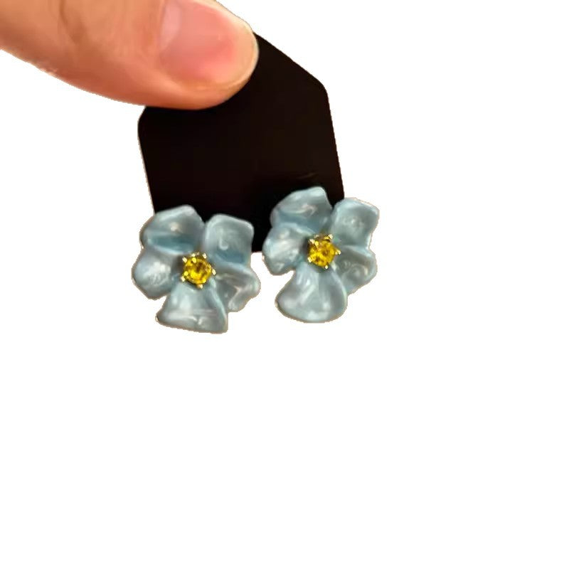 Vacation Dripping Oil Blue Flower Female Niche Vintage Earrings