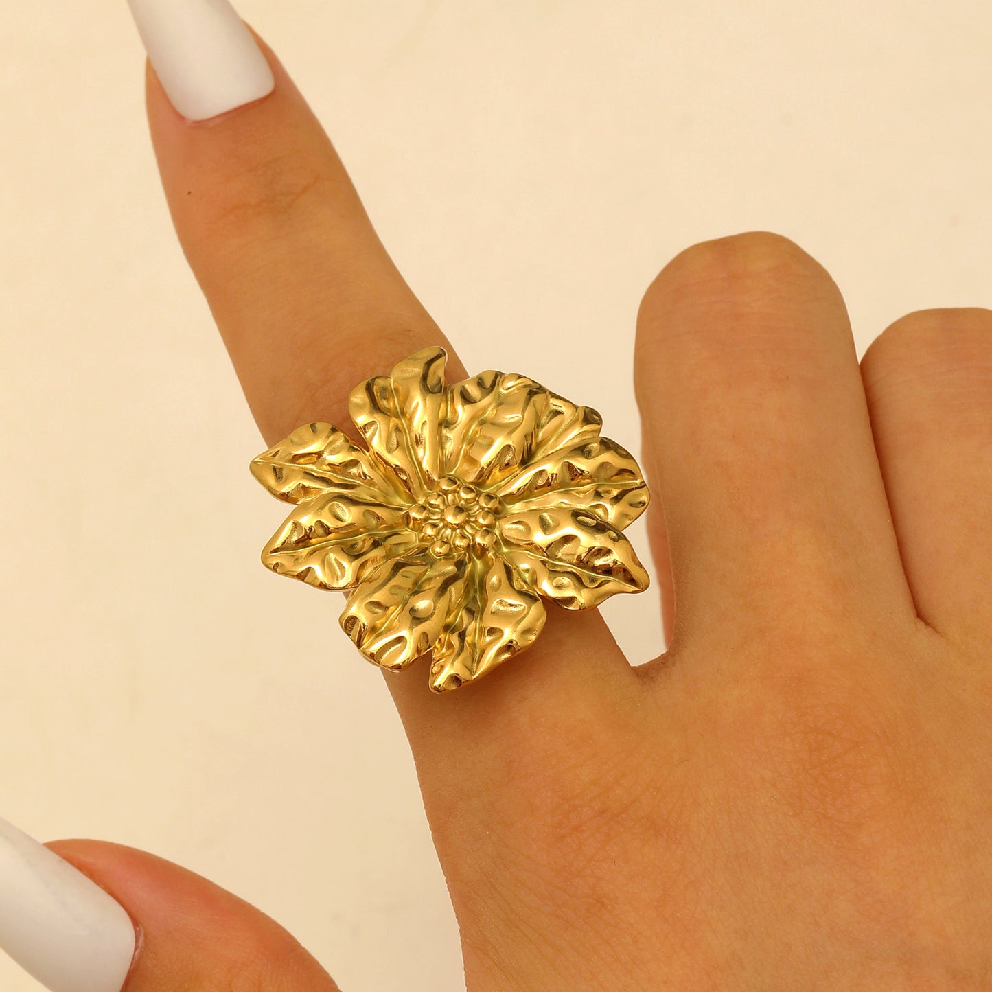 Steel Flower Leaf Female Exaggerated Personalized Hollow Ring