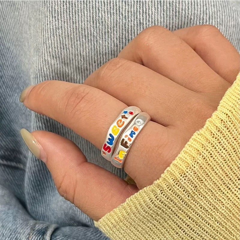 Women's & Men's Color Brushed Candy Letters Couple Design Simple Versatile Ring