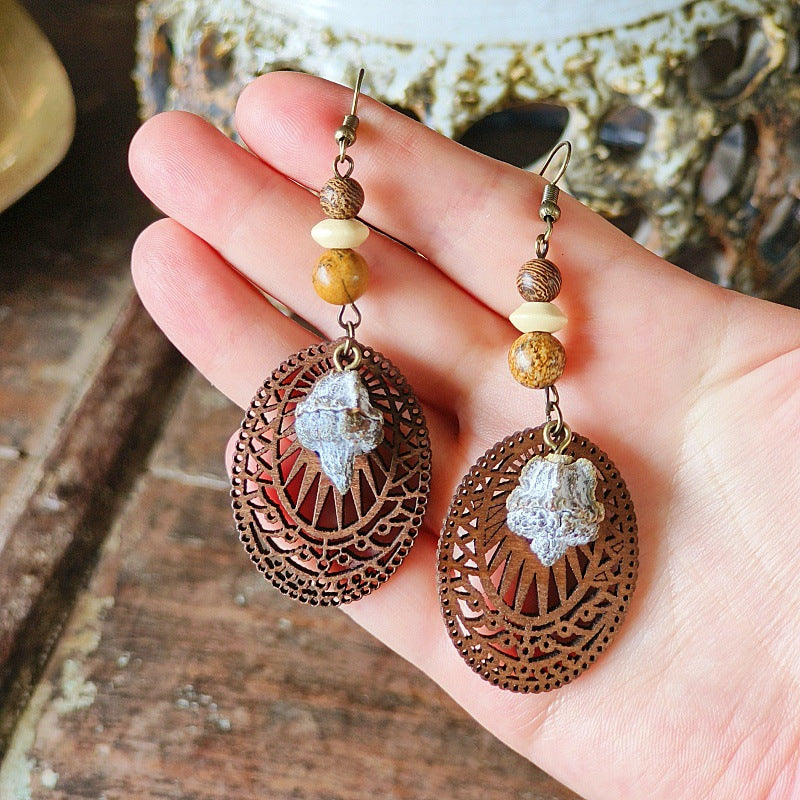 Style Retro Minority Mori Bohemian Indian Wandering Hollow Wood Grain Earrings