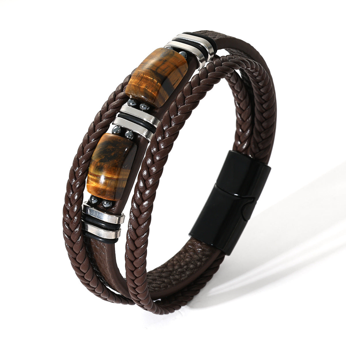 Men's Rope Leather Tigereye Stone Magnetic Buckle Bracelet