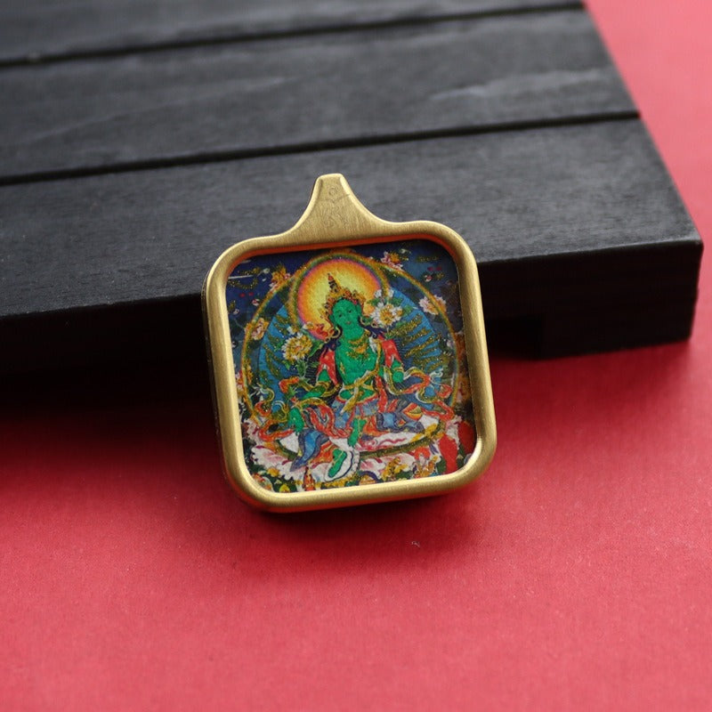 Tibetan Square Hand Painted Golden Outline Eight Patron Pendants