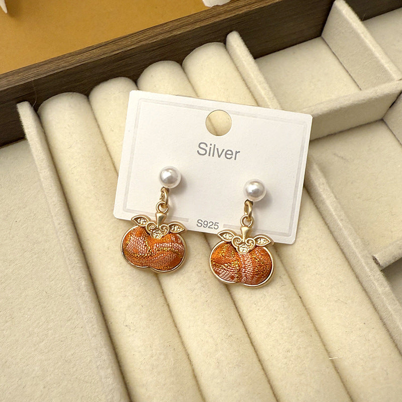Style Song Dynasty Brocade Lucky Persimmon Sier Needle Ancient Auricular Earrings