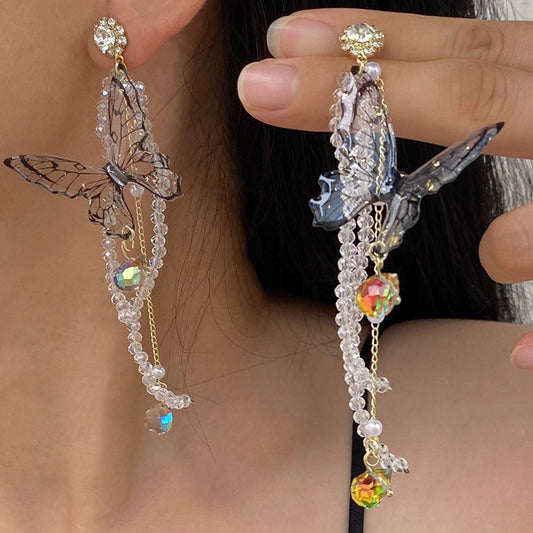 Exaggerated Butterfly Pearl Tassel Long Niche Temperament Earrings