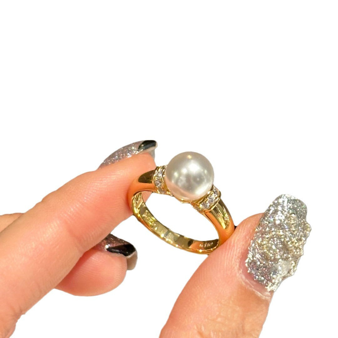 Women's Retro Chinese Style Gold-plated Gray White Pearl High-grade Niche Rings