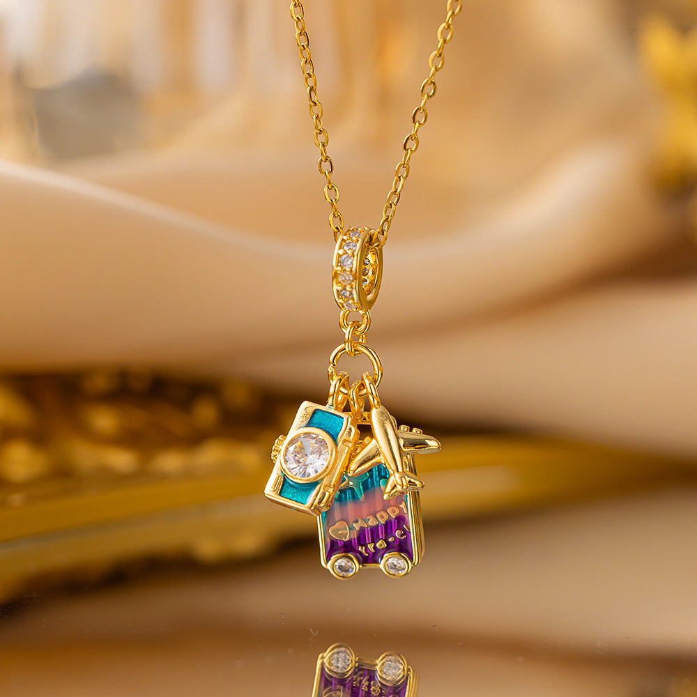 Female Rainbow Dripping Oil Camera Suitcase Aircraft Pendants