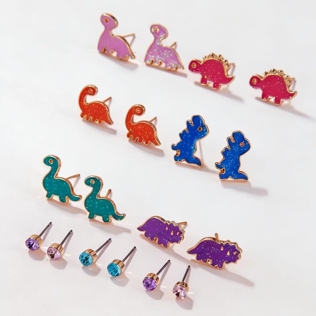 Children's Cute Cartoon Dinosaur Alloy Colorful Ear Stud Earrings