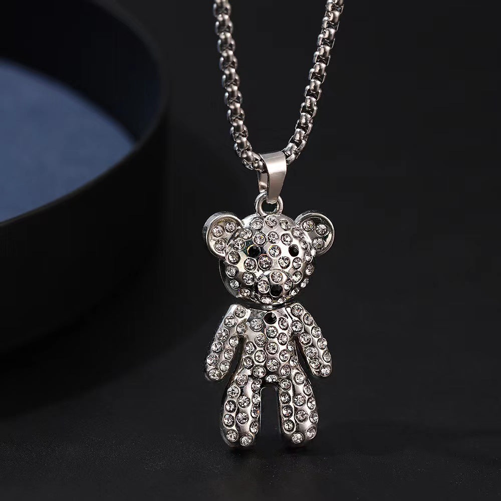 Women's Diamond Bear Soil Cool Female Trendy Stainless Steel Sweater Chain Necklace