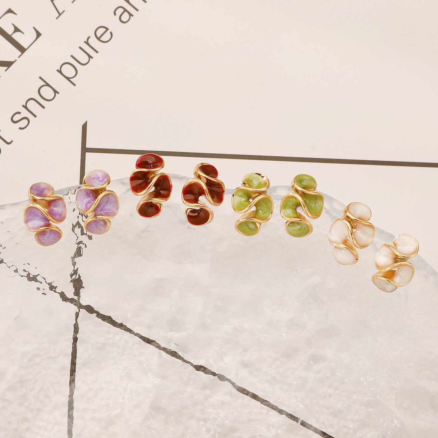 Women's Ruffled Oil Dripping Pleated Ear Cream Sweet Style Flower Enamel Stud Earrings