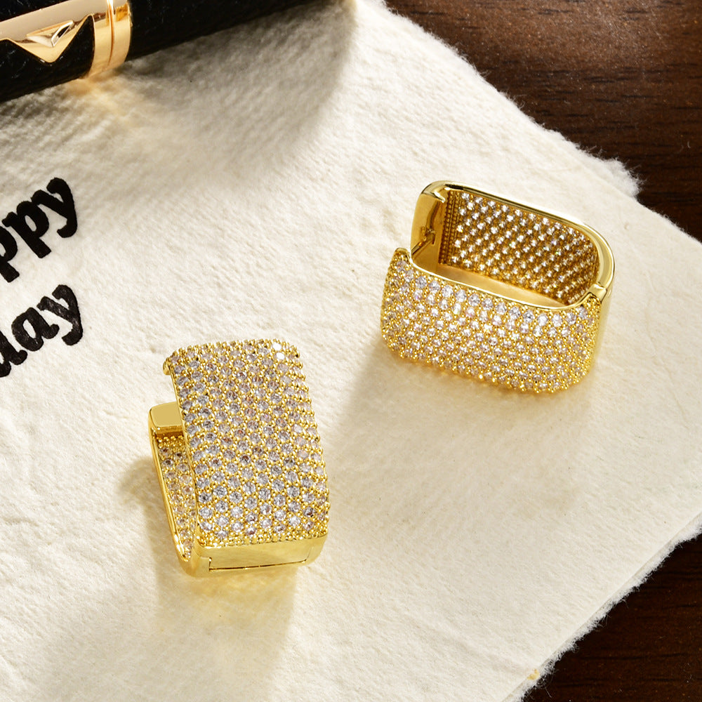 Luxury High-grade Wide Face Inlaid Zirconium Earrings