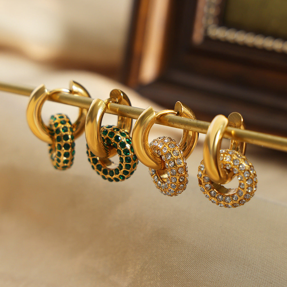 Women's French Retro Simple Gold Stainless Steel Full Diamond Earrings