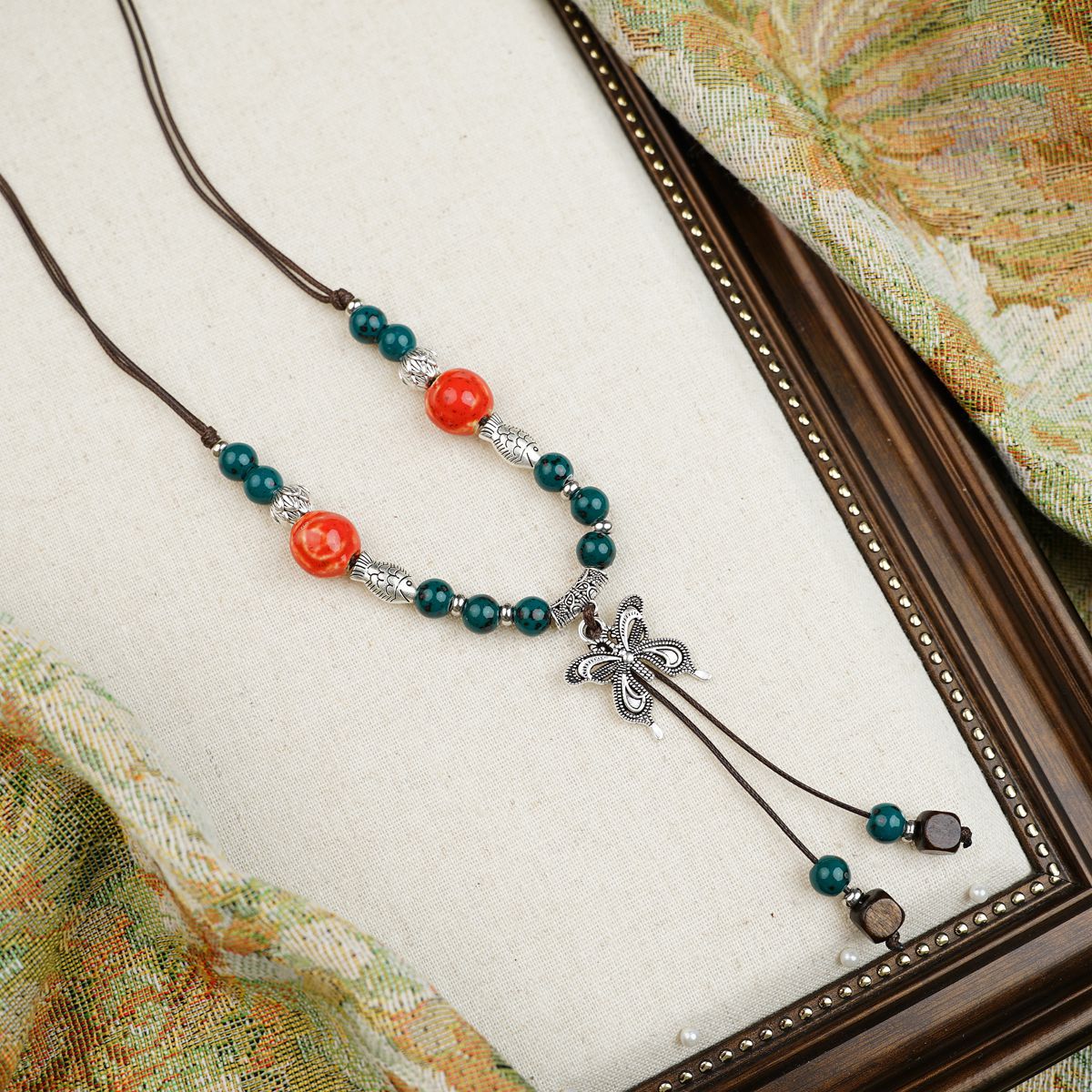 Colorful Beaded Ceramic Butterfly Braided Rope Chinese Ethnic Retro Light Necklaces