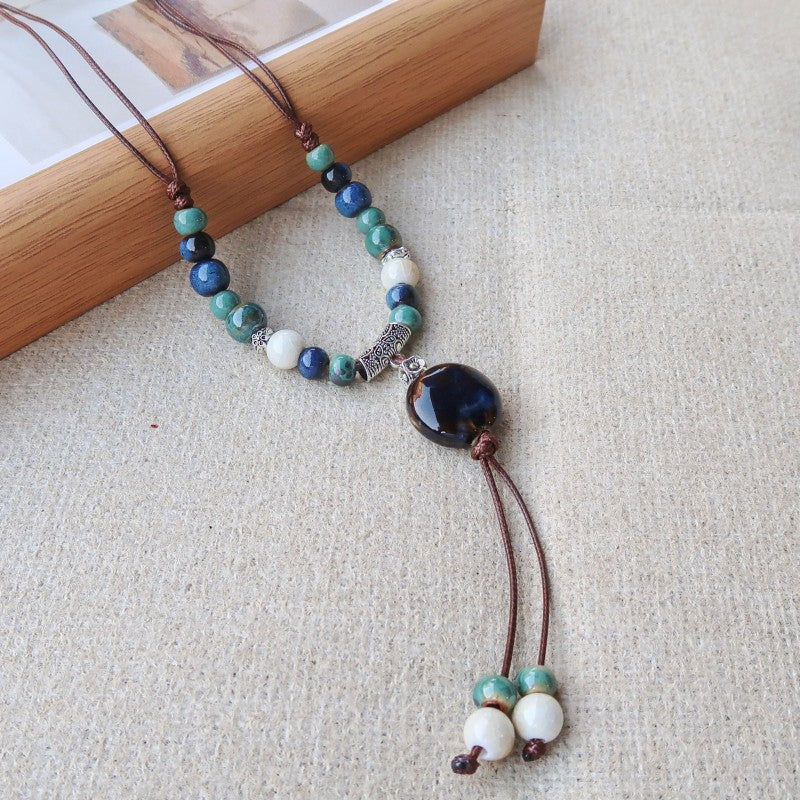 Women's Vintage Ethnic Style Ceramic Long Sweater Necklace