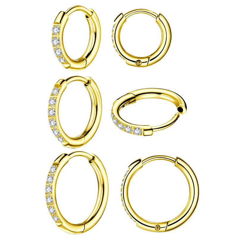 Stainless Steel Ring-shaped Zircon Titanium Inlaid Ear Clip Earrings