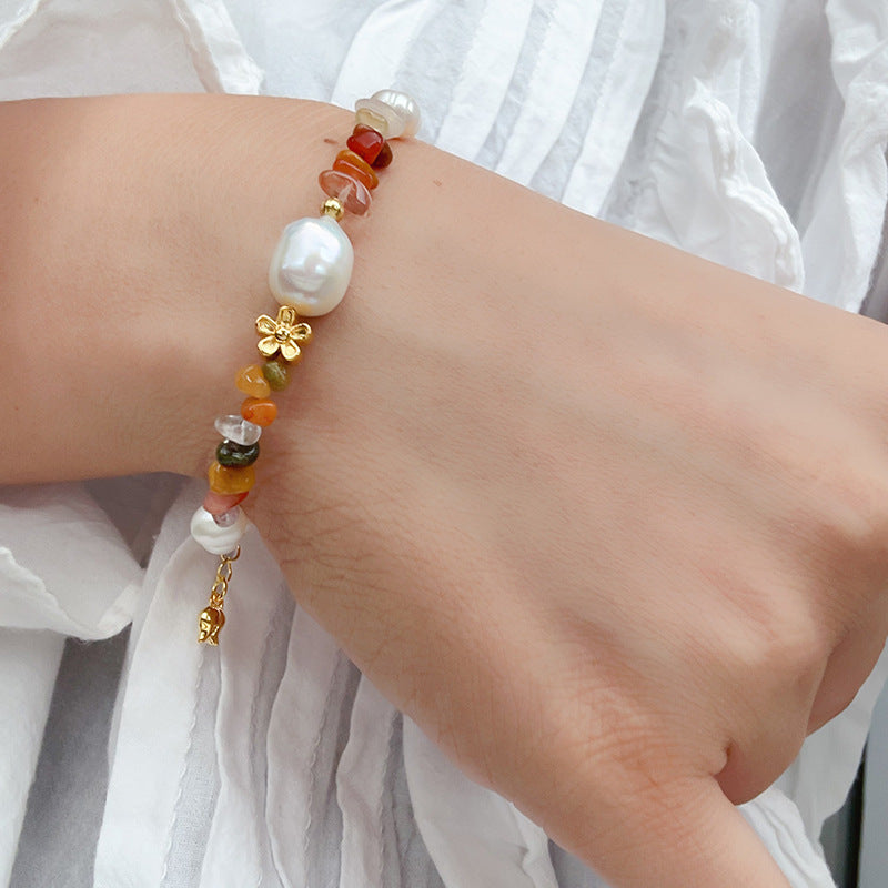 Artistic Oriental Style Natural Stone Pearl Small Flower Autumn Color Bracelet