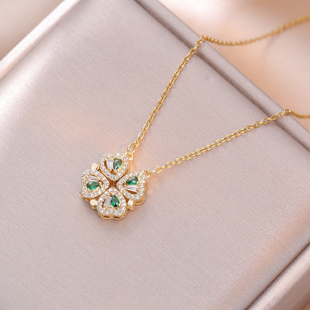 Women's Steel Cross Chain Open Close Four-leaf Flower Necklace