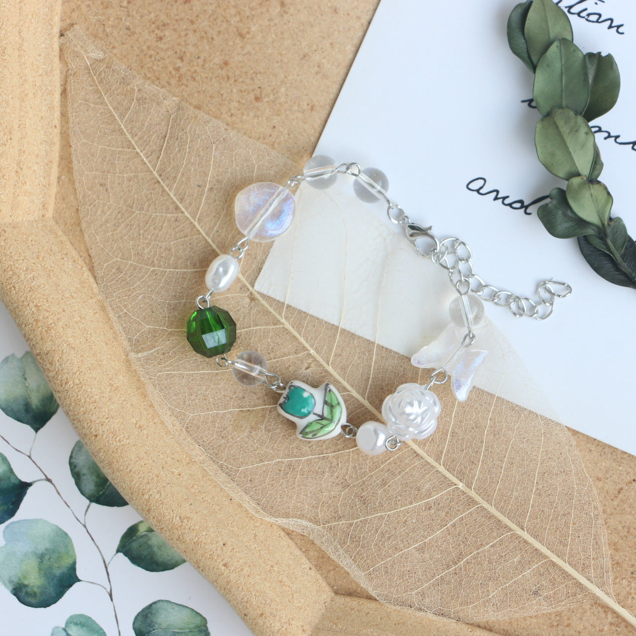 Niche Sweet Cute Stitching Style Cartoon Butterfly Tulip Glass Ceramic Bracelets