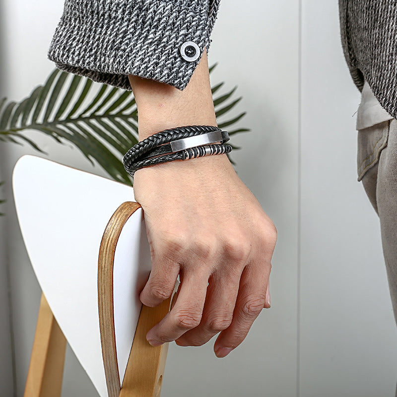Men's Woven Stainless Steel Magnetic Buckle Leather Bracelet
