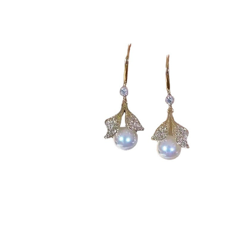 Full Diamond Leaf Pearl Unique Design Trendy Light Earrings