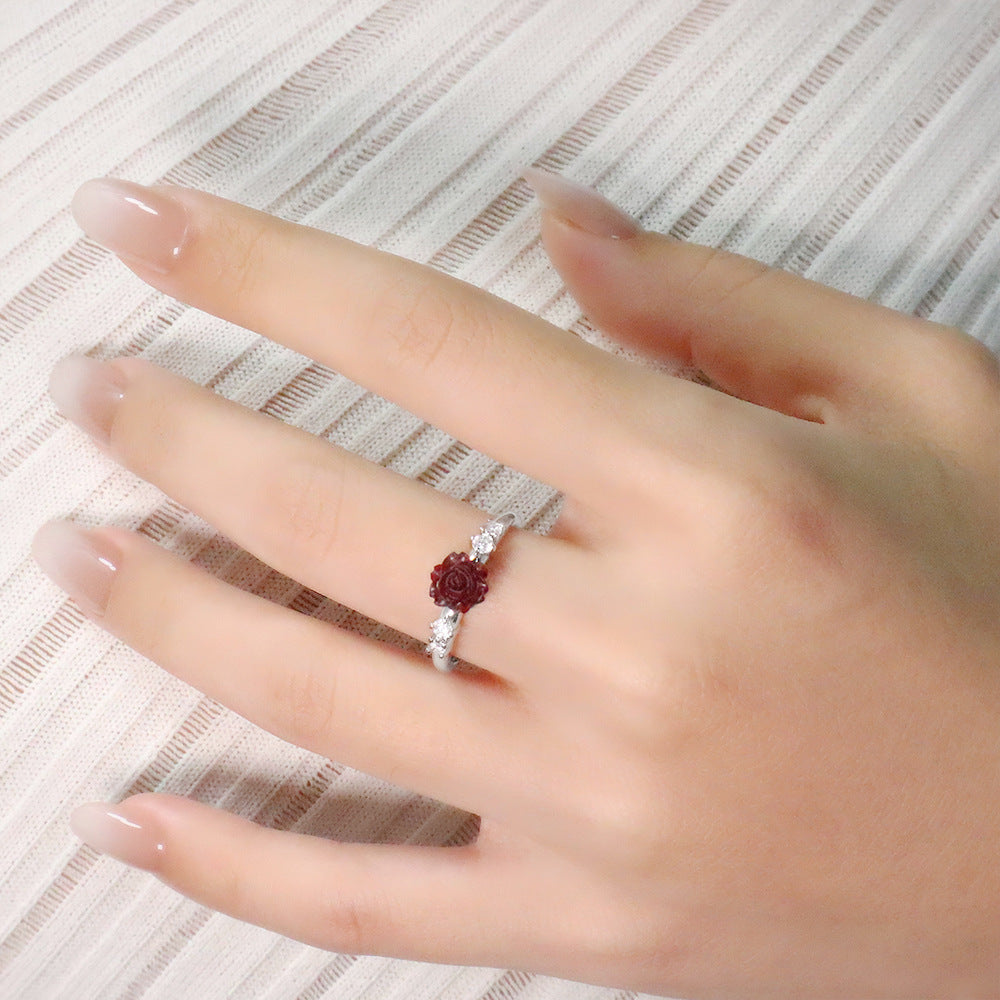 Cinnabar Rose Vintage Camellia Small Flower Index Finger Red Zircon Rings