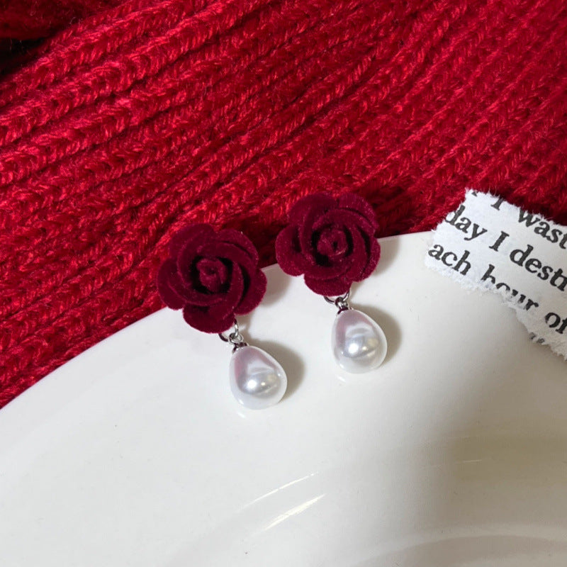 Women's Wine Red Flocking Bow French Retro Earrings