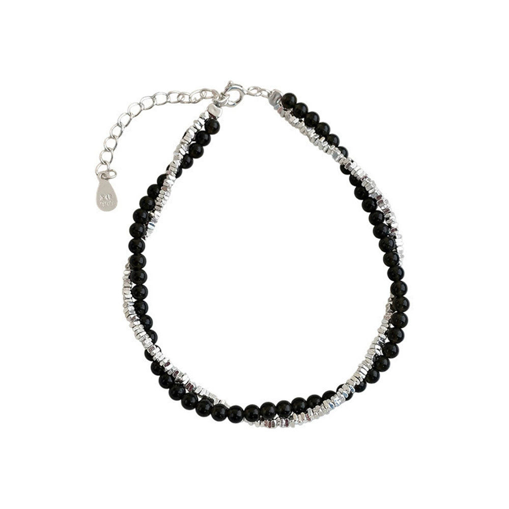 Men's Sier Winding Fashionable Personalized Cold Style Wind Black Beaded Bracelets